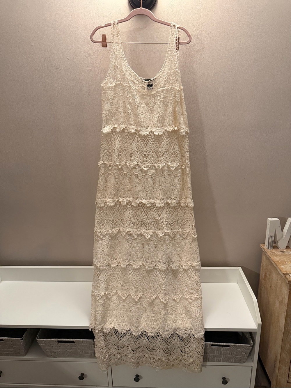 Love Stitch Tiered Crochet Lace Maxi Dress L Cream Ivory Boho Cover Up⁠ L
